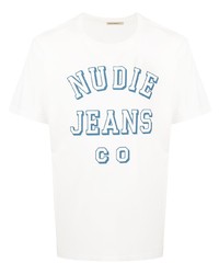 Мужская бело-синяя футболка с круглым вырезом с принтом от Nudie Jeans