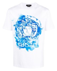 Мужская бело-синяя футболка с круглым вырезом с принтом от Versace