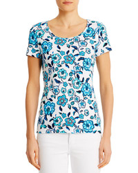 Бело-синяя футболка с круглым вырезом с цветочным принтом