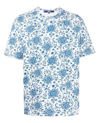 Мужская бело-синяя футболка с круглым вырезом с цветочным принтом от Junya Watanabe