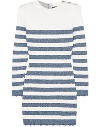 Бело-темно-синее платье-свитер в горизонтальную полоску от Balmain