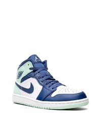 Мужские бело-темно-синие кожаные высокие кеды от Jordan