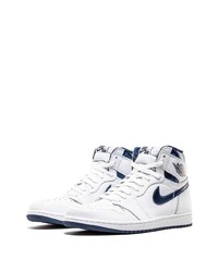 Мужские бело-темно-синие кожаные высокие кеды от Jordan