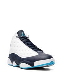 Мужские бело-темно-синие кожаные высокие кеды от Jordan