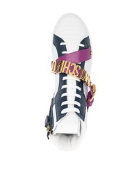 Мужские бело-темно-синие кожаные высокие кеды от Moschino