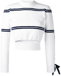 Бело-темно-синий короткий свитер в горизонтальную полоску от Fendi