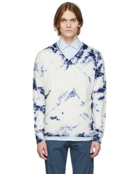 Бело-темно-синий свитер с v-образным вырезом с принтом тай-дай