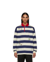 Мужской бело-темно-синий свитер с воротником поло в горизонтальную полоску от Gucci