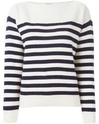 Бело-темно-синий свитер с круглым вырезом в горизонтальную полоску