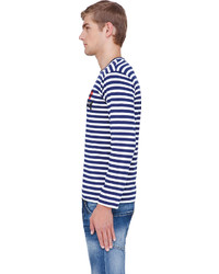 Мужской бело-темно-синий свитер с круглым вырезом в горизонтальную полоску от Comme des Garcons