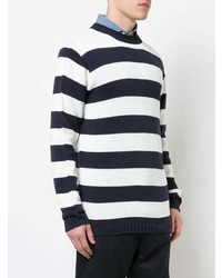 Мужской бело-темно-синий свитер с круглым вырезом в горизонтальную полоску от Junya Watanabe MAN