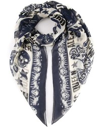 Женский бело-темно-синий шарф с принтом от Alexander McQueen