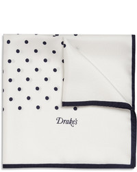 Бело-темно-синий шелковый нагрудный платок в горошек