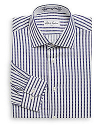 Бело-темно-синяя классическая рубашка в вертикальную полоску