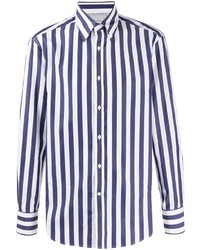 Мужская бело-темно-синяя классическая рубашка в вертикальную полоску от Brunello Cucinelli