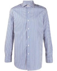 Мужская бело-темно-синяя классическая рубашка в вертикальную полоску от Finamore 1925 Napoli