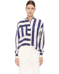 Женская бело-темно-синяя классическая рубашка в вертикальную полоску от Tome