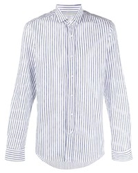 Мужская бело-темно-синяя льняная рубашка с длинным рукавом в вертикальную полоску от Brunello Cucinelli