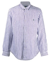 Мужская бело-темно-синяя льняная рубашка с длинным рукавом в вертикальную полоску от Polo Ralph Lauren