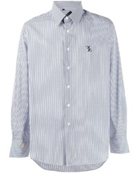 Мужская бело-темно-синяя рубашка с длинным рукавом в вертикальную полоску от Billionaire