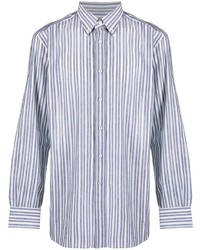 Мужская бело-темно-синяя рубашка с длинным рукавом в вертикальную полоску от Brioni
