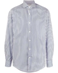 Мужская бело-темно-синяя рубашка с длинным рукавом в вертикальную полоску от Brunello Cucinelli