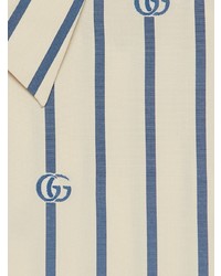 Мужская бело-темно-синяя рубашка с длинным рукавом в вертикальную полоску от Gucci