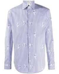 Мужская бело-темно-синяя рубашка с длинным рукавом в вертикальную полоску от Etro