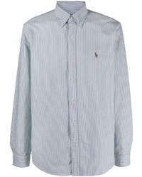 Мужская бело-темно-синяя рубашка с длинным рукавом в вертикальную полоску от Polo Ralph Lauren