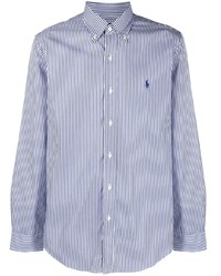 Мужская бело-темно-синяя рубашка с длинным рукавом в вертикальную полоску от Ralph Lauren Collection