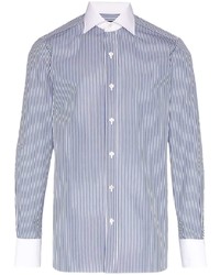 Мужская бело-темно-синяя рубашка с длинным рукавом в вертикальную полоску от Tom Ford