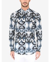Мужская бело-темно-синяя рубашка с длинным рукавом с принтом от Dolce & Gabbana