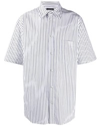 Мужская бело-темно-синяя рубашка с коротким рукавом в вертикальную полоску от Balenciaga
