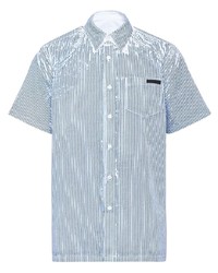 Мужская бело-темно-синяя рубашка с коротким рукавом в вертикальную полоску от Prada