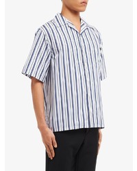 Мужская бело-темно-синяя рубашка с коротким рукавом в вертикальную полоску от Prada