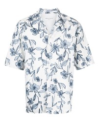 Мужская бело-темно-синяя рубашка с коротким рукавом с цветочным принтом от Officine Generale