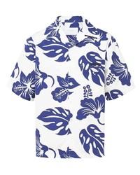 Мужская бело-темно-синяя рубашка с коротким рукавом с цветочным принтом от Prada