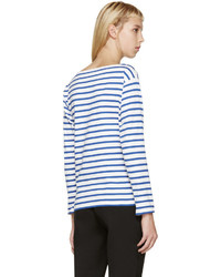 Женская бело-темно-синяя футболка с длинным рукавом в горизонтальную полоску от Saint Laurent