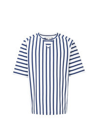 Бело-темно-синяя футболка с круглым вырезом в вертикальную полоску