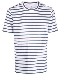 Мужская бело-темно-синяя футболка с круглым вырезом в горизонтальную полоску от Brunello Cucinelli