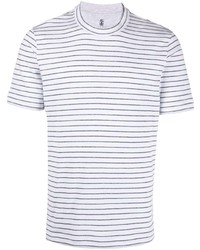 Мужская бело-темно-синяя футболка с круглым вырезом в горизонтальную полоску от Brunello Cucinelli