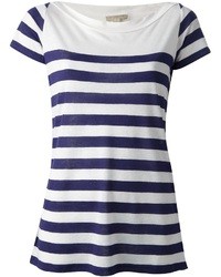 Женская бело-темно-синяя футболка с круглым вырезом в горизонтальную полоску от Burberry