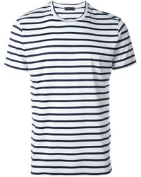 Мужская бело-темно-синяя футболка с круглым вырезом в горизонтальную полоску от Etro