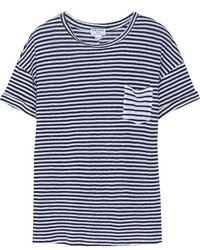 Женская бело-темно-синяя футболка с круглым вырезом в горизонтальную полоску от Frame Denim
