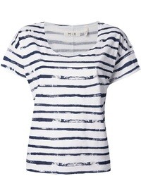 Женская бело-темно-синяя футболка с круглым вырезом в горизонтальную полоску от MiH Jeans