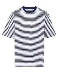 Мужская бело-темно-синяя футболка с круглым вырезом в горизонтальную полоску от Prada