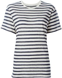 Женская бело-темно-синяя футболка с круглым вырезом в горизонтальную полоску