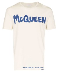 Мужская бело-темно-синяя футболка с круглым вырезом с принтом от Alexander McQueen