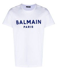 Мужская бело-темно-синяя футболка с круглым вырезом с принтом от Balmain