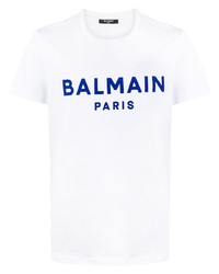 Мужская бело-темно-синяя футболка с круглым вырезом с принтом от Balmain